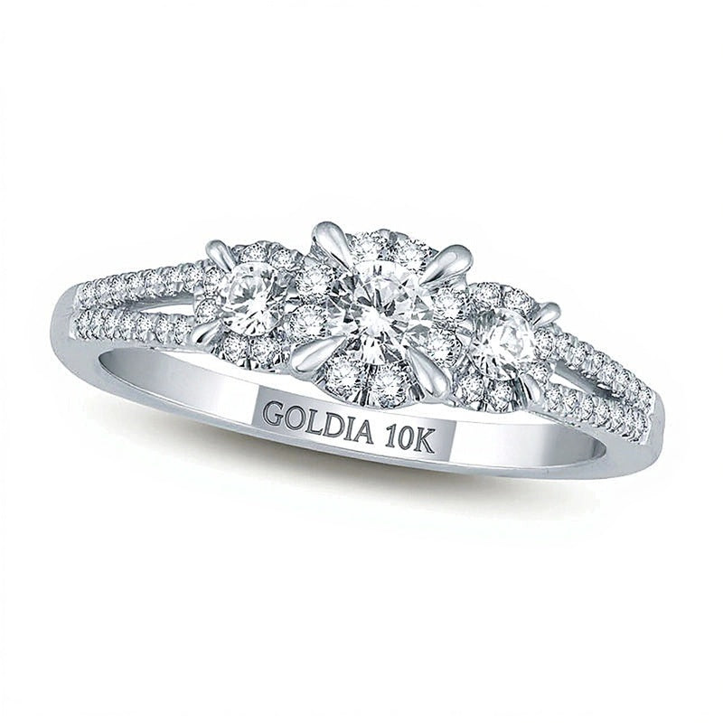 0.25 ct. Gesamtgewicht Dreistein-Freundschaftsring mit Diamant-Rahmen und geteiltem Ringschienen-Design in 10K Weißgold