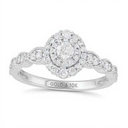 0,38 ct. Gesamtgewicht Diamant Verlobungsring im Art-déco-Vintage-Stil mit doppeltem Halo in 10K Weißgold