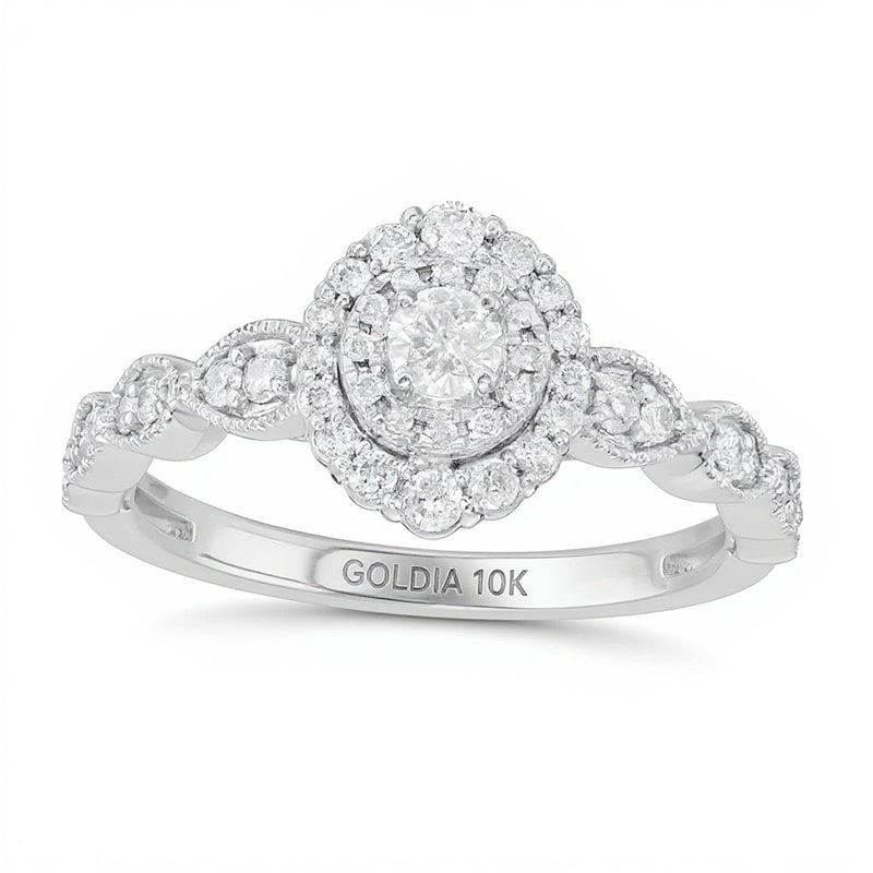 0,38 ct. Gesamtgewicht Diamant Verlobungsring im Art-déco-Vintage-Stil mit doppeltem Halo in 10K Weißgold