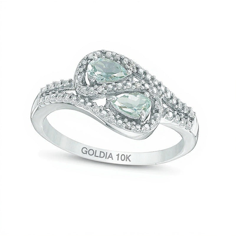Bypass-Ring mit ovalem Aquamarin und Diamant-Besatz in 10K Weißgold