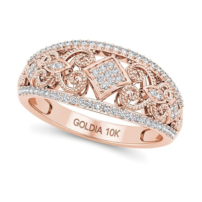 0.2 ct. Gesamtgewicht Komposit-Diamant Ring im Vintage-Stil mit gekipptem Quadrat und Filigranarbeit in 10K Roségold
