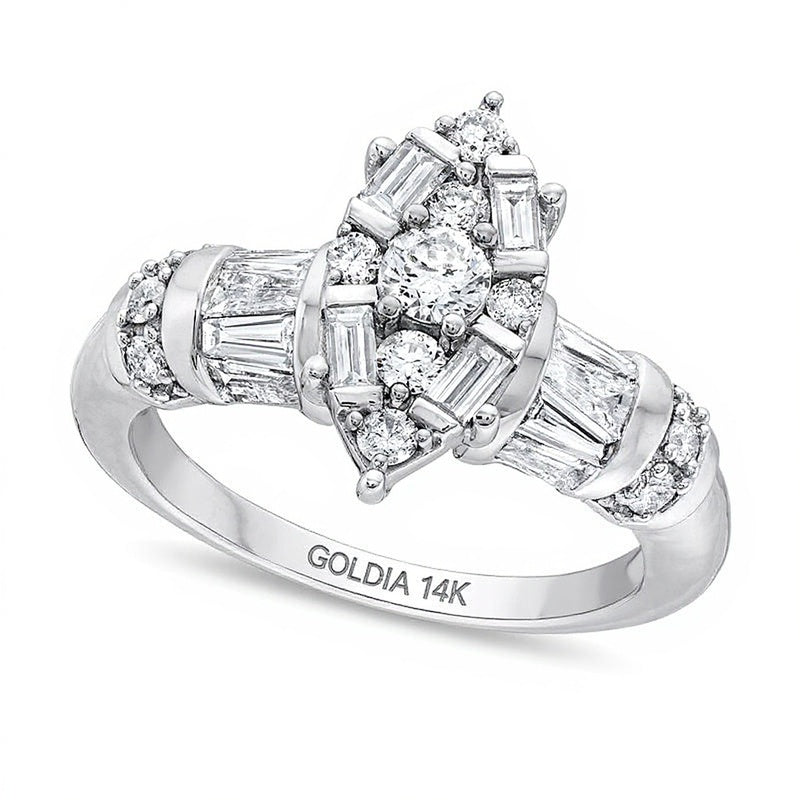 1.0 ct. Gesamtgewicht Multi-Diamant Verlobungsring mit Marquise-, runden und Baguette-Diamanten in 14K Weißgold
