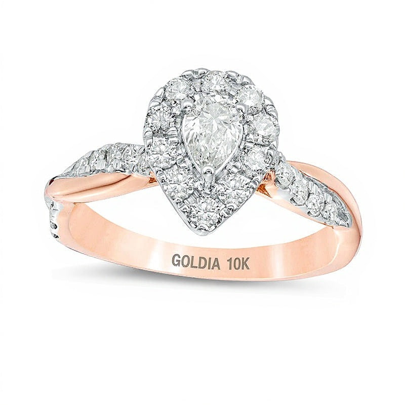 0,88 ct. Gesamtgewicht Verlobungsring mit tropfenförmigem Diamant und gedrehter Ringschiene im Halo in 10K Roségold