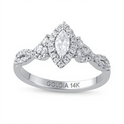 Halo-Verlobungsring mit Diamanten im Marquise- und Rundschliff 0,75 ct. Gesamtgewicht in 14K Weißgold