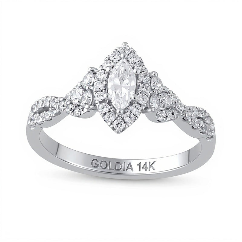 Halo-Verlobungsring mit Diamanten im Marquise- und Rundschliff 0,75 ct. Gesamtgewicht in 14K Weißgold