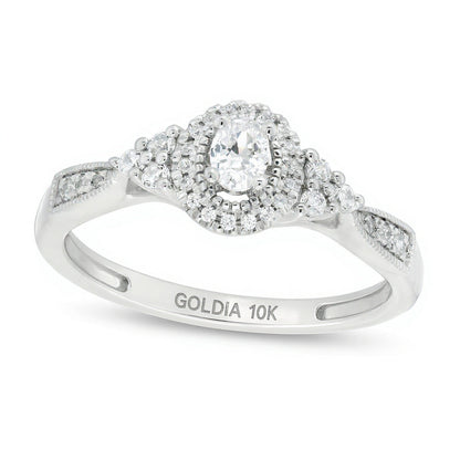 0,33 ct. Gesamtgewicht Verlobungsring im Vintage-Stil mit ovalem Diamant-Halo und seitlichem Diamantbesatz in 10K Weißgold