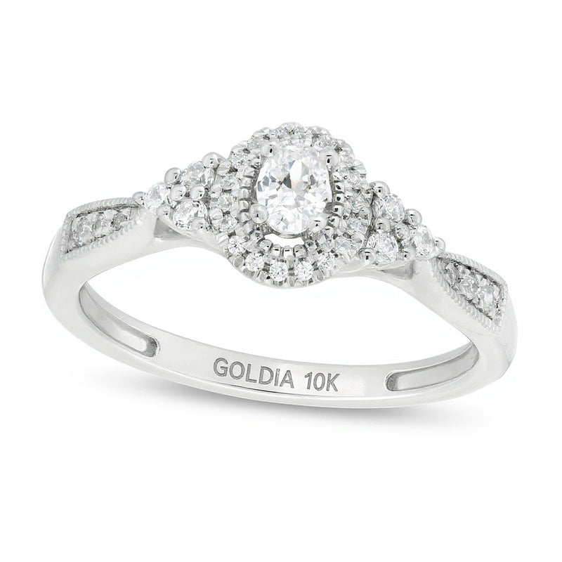 0,33 ct. Gesamtgewicht Verlobungsring im Vintage-Stil mit ovalem Diamant-Halo und seitlichem Diamantbesatz in 10K Weißgold