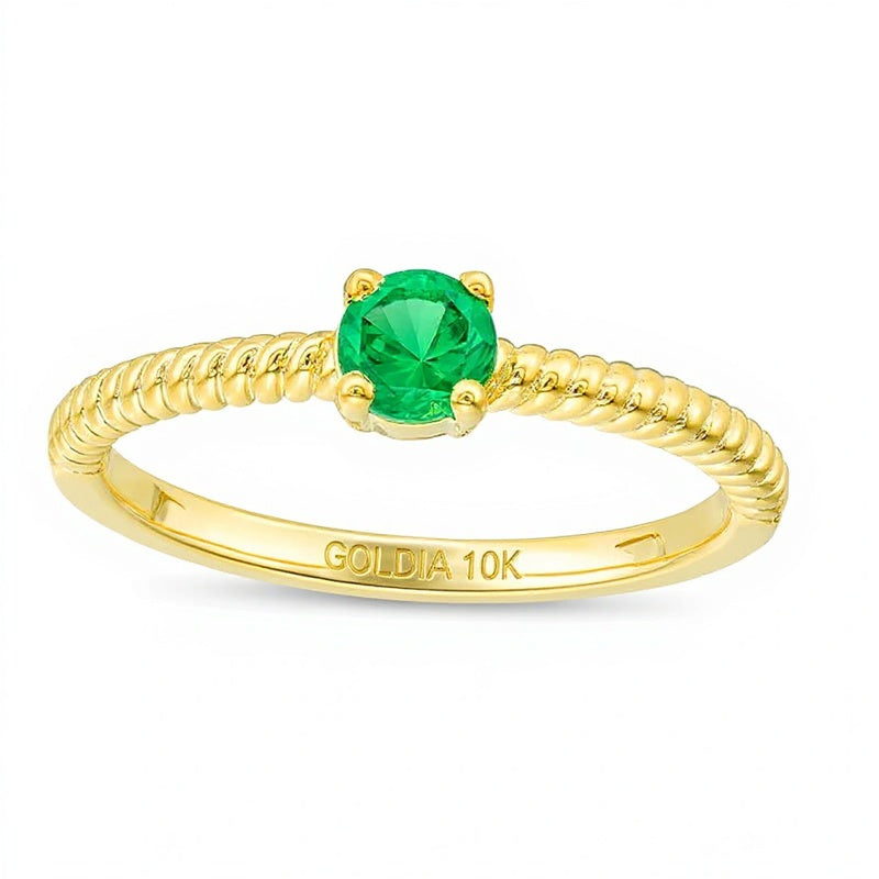 Freundschaftsring für Damen mit 4,0mm Labor-Smaragd Solitär und Kordel-Ringschiene in 10K Gelbgold