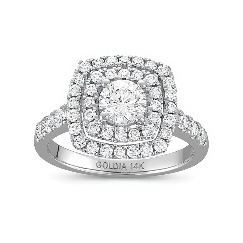 1.5 CT. Gesamtgewicht Diamant Verlobungsring mit doppeltem Halo im Kissenschliff aus 14K Weißgold (I/I1)