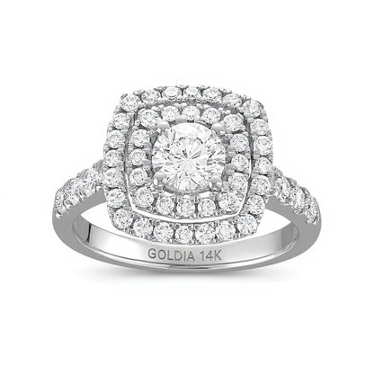 1.5 CT. Gesamtgewicht Diamant Verlobungsring mit doppeltem Halo im Kissenschliff aus 14K Weißgold (I/I1)