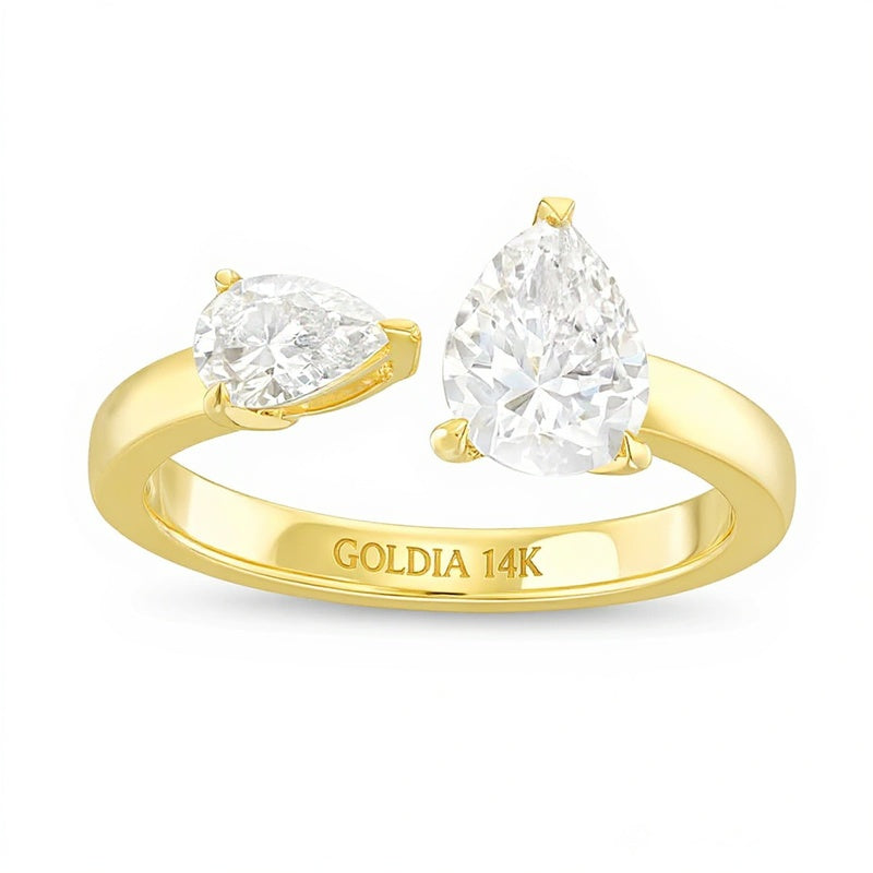 1.5 CT. Gesamtgewicht tropfenförmiger Diamant Toi et Moi Verlobungsring mit offener Schiene in 14K Gelbgold