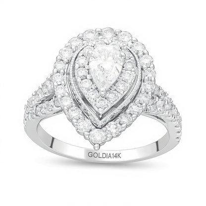 1.5 CT. Gesamtgewicht Verlobungsring mit tropfenförmigem Diamant im Vintage-Stil und Doppel-Halo in 14K Weißgold
