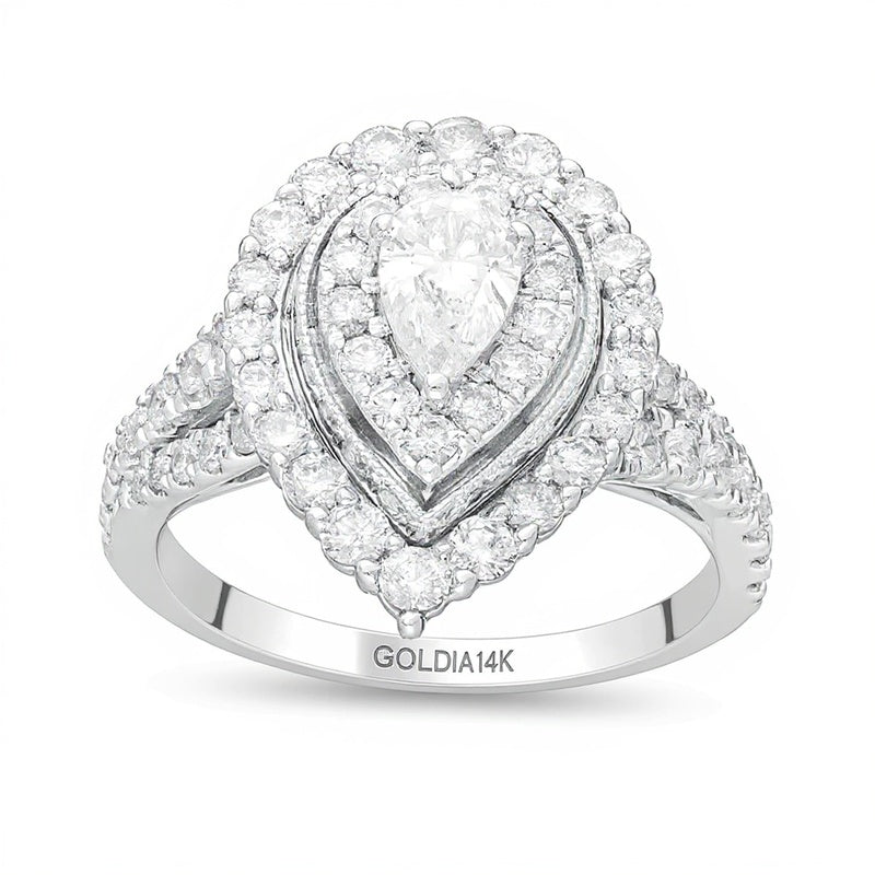 1.5 CT. Gesamtgewicht Verlobungsring mit tropfenförmigem Diamant im Vintage-Stil und Doppel-Halo in 14K Weißgold
