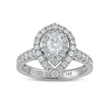 1.5 CT. Gesamtgewicht Verlobungsring mit tropfenförmigem Diamant und doppeltem Halo in 14K Weißgold (I/SI2)