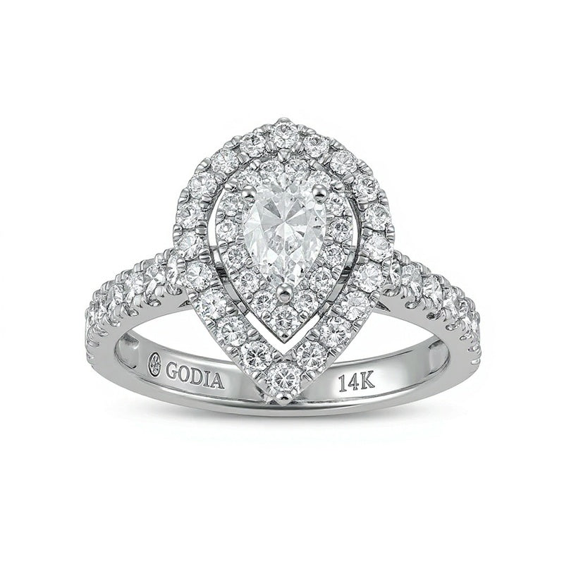 1.5 CT. Gesamtgewicht Verlobungsring mit tropfenförmigem Diamant und doppeltem Halo in 14K Weißgold (I/SI2)