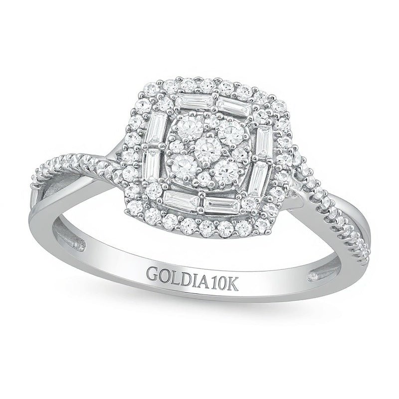 Fashion-Ring mit Diamanten in rund, Baguette und Kissenschliff, Kissenschliff-Rahmen und Crossover-Ringschiene, 0.33 ct. Gesamtgewicht, 10K Weißgold
