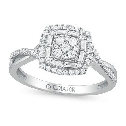 Fashion-Ring mit Diamanten in rund, Baguette und Kissenschliff, Kissenschliff-Rahmen und Crossover-Ringschiene, 0.33 ct. Gesamtgewicht, 10K Weißgold