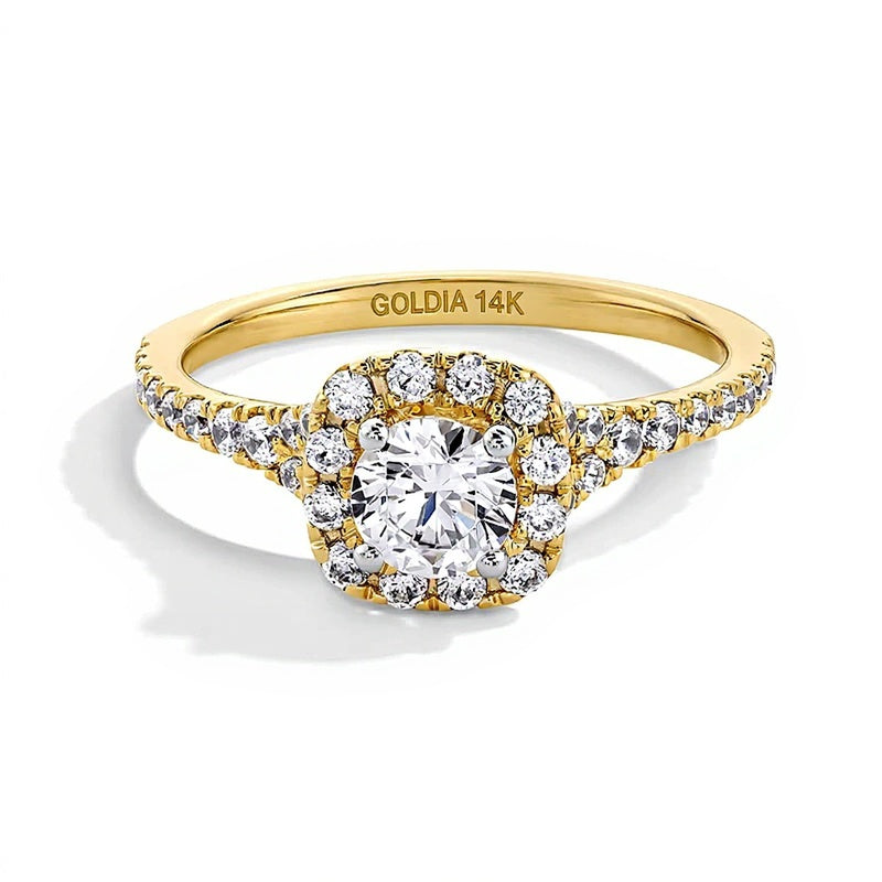 1.0 ct. Gesamtgewicht Labordiamant-Verlobungsring mit Halo, Kissenschliff und geteiltem Ring in 14K Gelbgold (F/SI2)