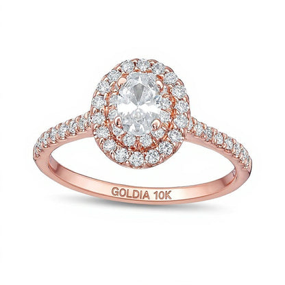 0.88 ct. Gesamtgewicht Verlobungsring mit ovalem Diamant und doppeltem Halo in 10K Roségold