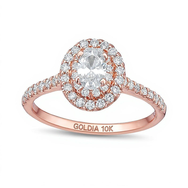 0.88 ct. Gesamtgewicht Verlobungsring mit ovalem Diamant und doppeltem Halo in 10K Roségold