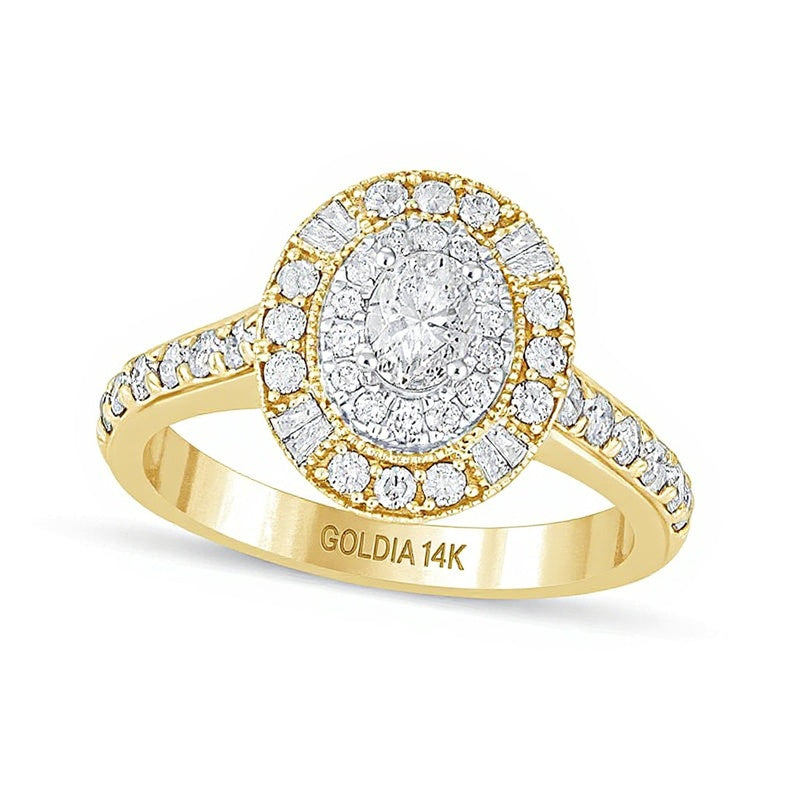 1.0 CT. Gesamtgewicht Verlobungsring im Vintage-Stil mit ovalem Diamant und Halo in 14K Gelbgold