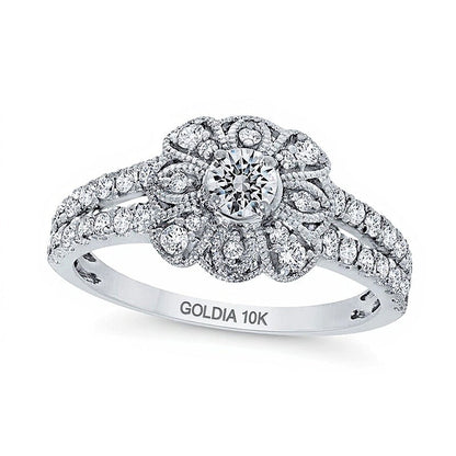 0,75 ct. Gesamtgewicht Diamant Ring mit floralem Rahmen und geteiltem Ringschienen-Design in 10K Weißgold
