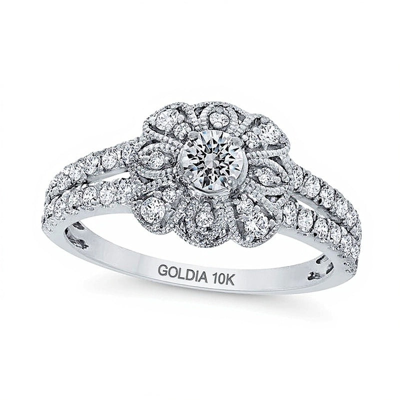 0,75 ct. Gesamtgewicht Diamant Ring mit floralem Rahmen und geteiltem Ringschienen-Design in 10K Weißgold