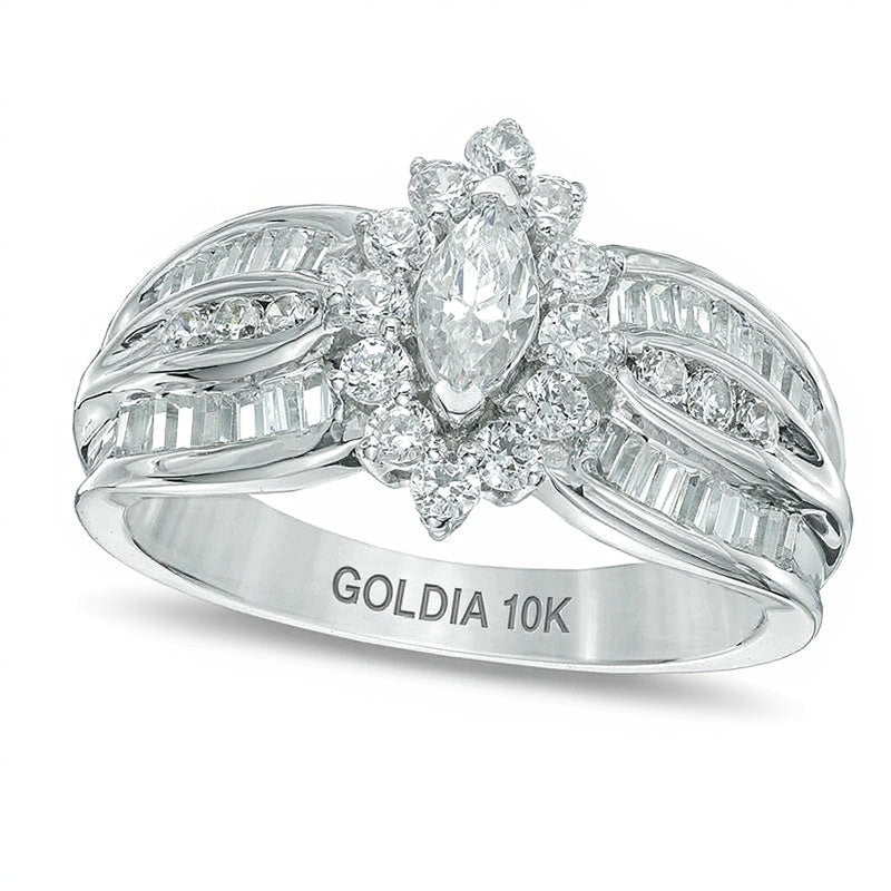 1.0 ct. Gesamtgewicht Verlobungsring mit Diamanten im Marquise-Schliff und Halo in 10K Weißgold