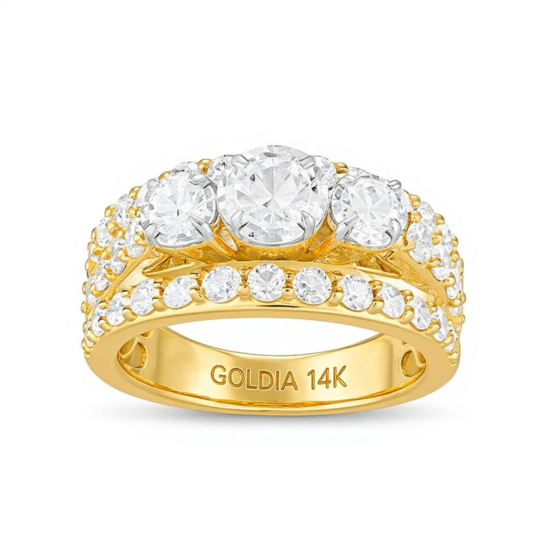 Dreistein-Verlobungsring mit weißen Diamanten in rundem Schliff, 2.0 ct. Gesamtgewicht, 14K Gelbgold