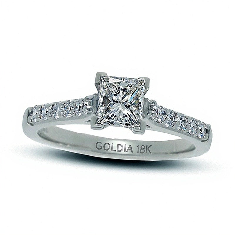 1.0 CT. Gesamtgewicht Solitär-Verlobungsring mit seitlichem Besatz mit weißen Diamanten im Princess-Schliff in 18K Weißgold