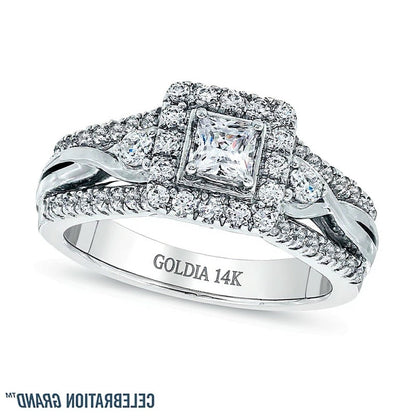 Halo Verlobungsring mit Diamanten im Princess- und Rundschliff 1.0 ct. Gesamtgewicht in 14K Weißgold (H-I/I1)