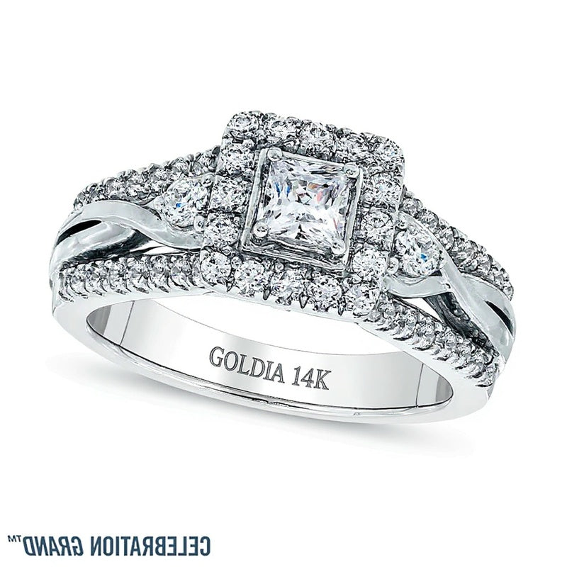 Halo Verlobungsring mit Diamanten im Princess- und Rundschliff 1.0 ct. Gesamtgewicht in 14K Weißgold (H-I/I1)