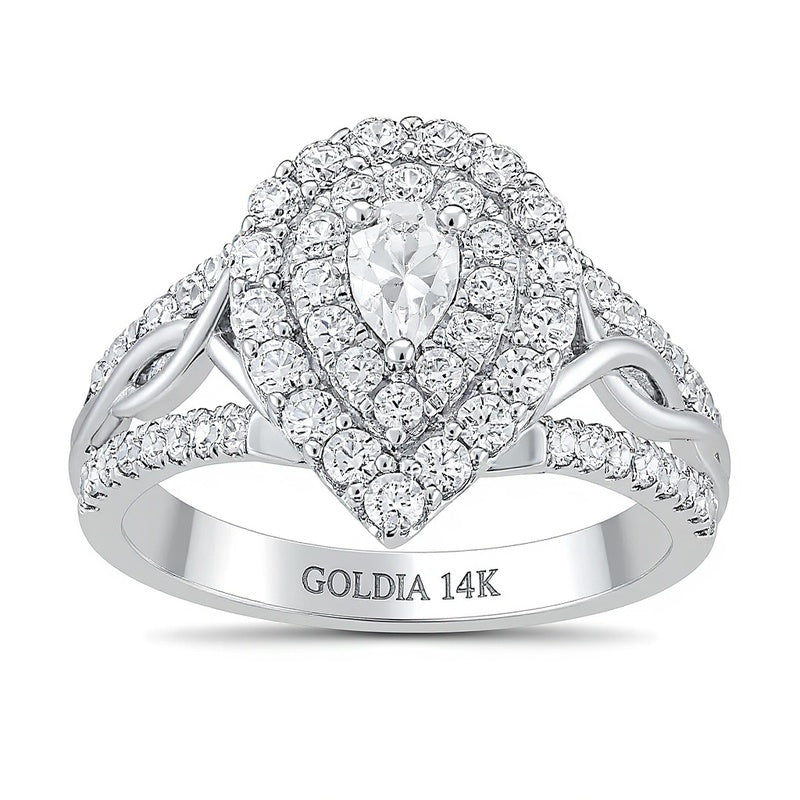 1.17 ct. Gesamtgewicht Halo-Ring mit tropfenförmigem Diamant und gedrehter Ringschiene in 14K Weißgold