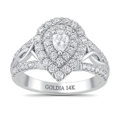 1.17 ct. Gesamtgewicht Halo-Ring mit tropfenförmigem Diamant und gedrehter Ringschiene in 14K Weißgold