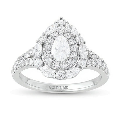 1.5 CT. Gesamtgewicht Verlobungsring mit tropfenförmigem Diamant und doppeltem Halo in 14K Weißgold