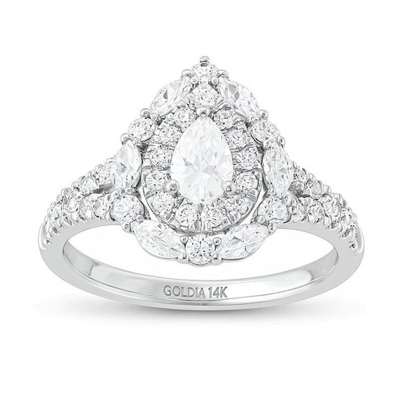 1.5 CT. Gesamtgewicht Verlobungsring mit tropfenförmigem Diamant und doppeltem Halo in 14K Weißgold