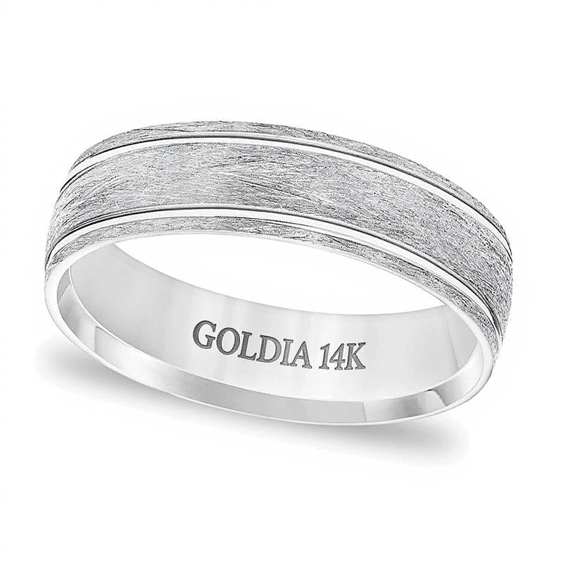 6,0mm Ehering mit Komfortschliff, gebürstet und drahttexturiert mit Rillen in 14K Weißgold