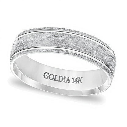 6,0mm Ehering mit Komfortschliff, gebürstet und drahttexturiert mit Rillen in 14K Weißgold