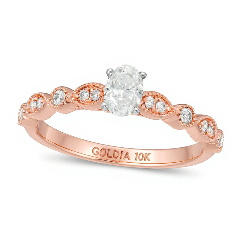Solitär-Verlobungsring mit seitlichem Besatz im Vintage-Stil, 0,5 ct. Gesamtgewicht, ovaler Diamant mit Marquise und runden Diamanten, in 10K Roségold