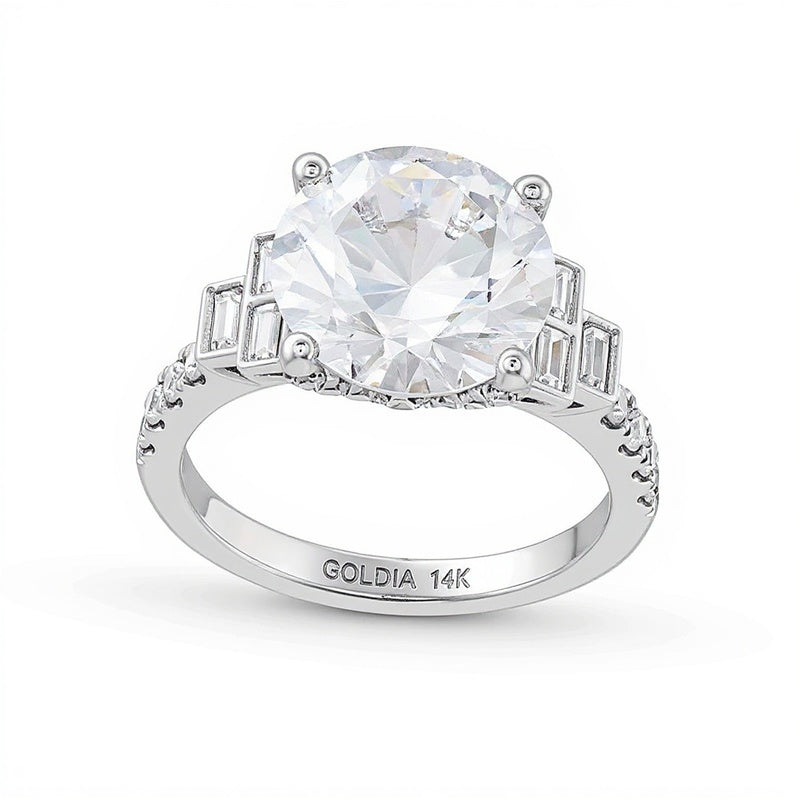 5,63 ct. Gesamtgewicht Verlobungsring Solitär mit seitlichem Besatz mit Labordiamanten in rund und Baguette in 14K Weißgold (F/VS2)