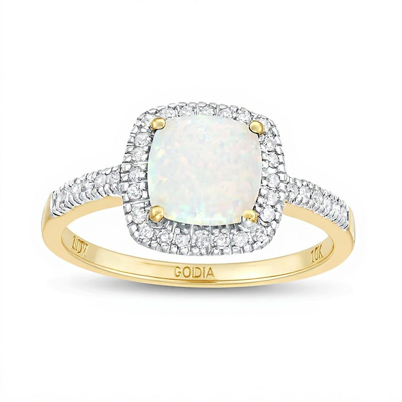 7,0 mm Ring mit Labor-Opal im Kissenschliff (Cabochon) und 0,2 ct. Gesamtgewicht Diamanten in 10K Gelbgold