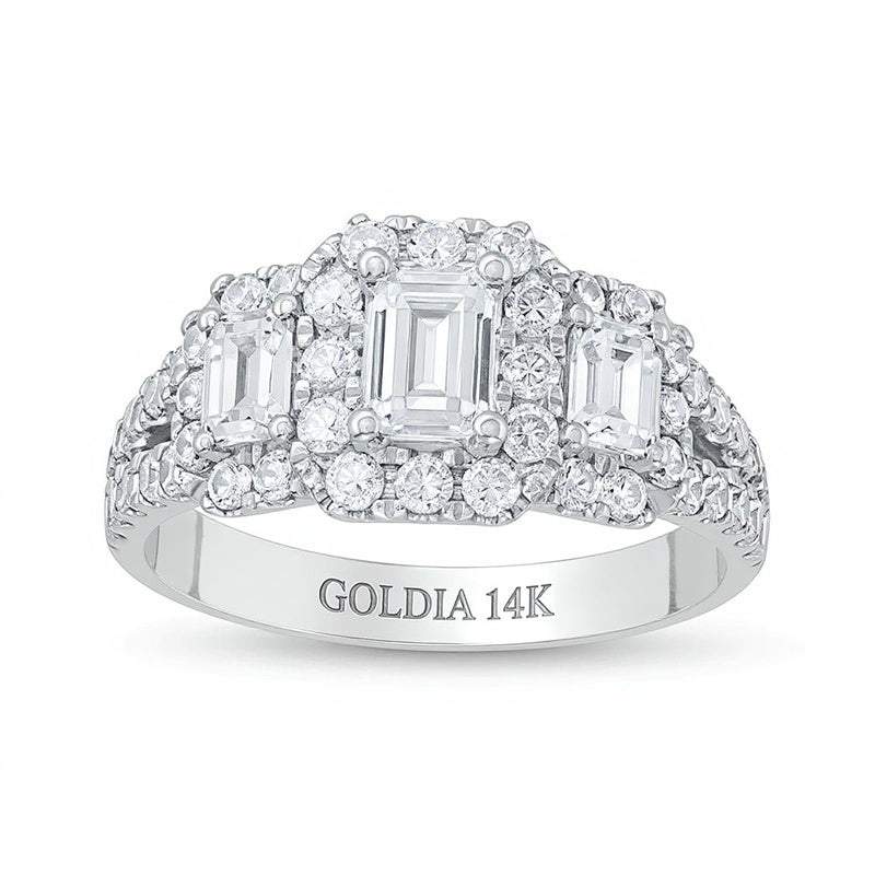 Dreistein-Verlobungsring mit Diamanten im Smaragdschliff 2.0 ct. Gesamtgewicht in 14K Weißgold