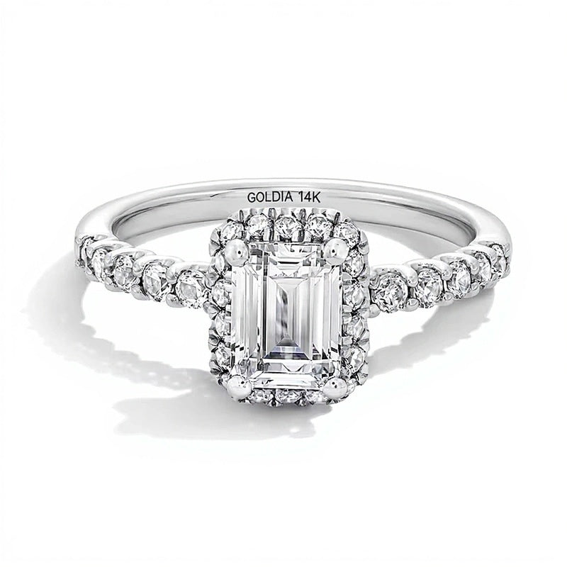 1.5 CT. Gesamtgewicht Halo-Ring mit Labordiamant im Smaragdschliff in 14K Weißgold (F/SI2)