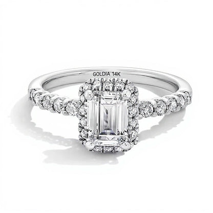 1.5 CT. Gesamtgewicht Halo-Ring mit Labordiamant im Smaragdschliff in 14K Weißgold (F/SI2)