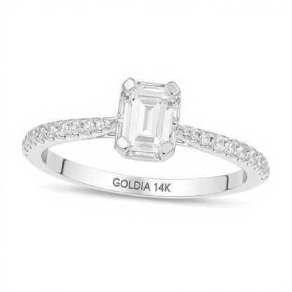 0.75 ct. Gesamtgewicht Verlobungsring mit Diamanten im Smaragdschliff und Halo in 14K Weißgold