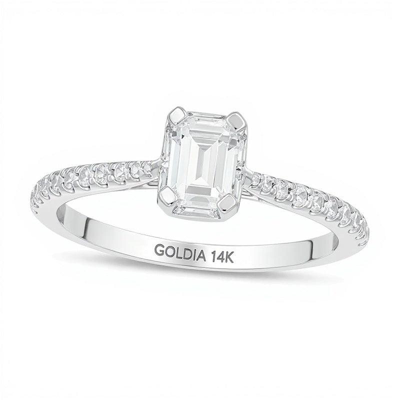 0.75 ct. Gesamtgewicht Verlobungsring mit Diamanten im Smaragdschliff und Halo in 14K Weißgold