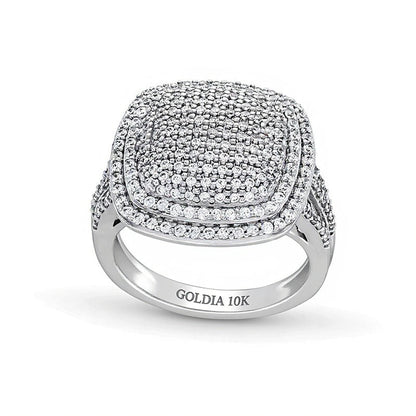 1.0 ct. Gesamtgewicht Fashion-Ring mit Diamanten im Kissenschliff und rund, doppelter Halo und geteilter Schiene, 10K Weißgold
