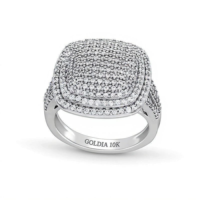 1.0 ct. Gesamtgewicht Fashion-Ring mit Diamanten im Kissenschliff und rund, doppelter Halo und geteilter Schiene, 10K Weißgold