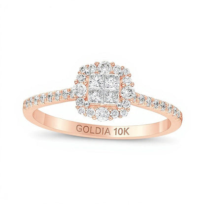 0.38 ct. Gesamtgewicht Verlobungsring mit Diamanten im Princess- und Rundschliff, Halo, in 10K Roségold