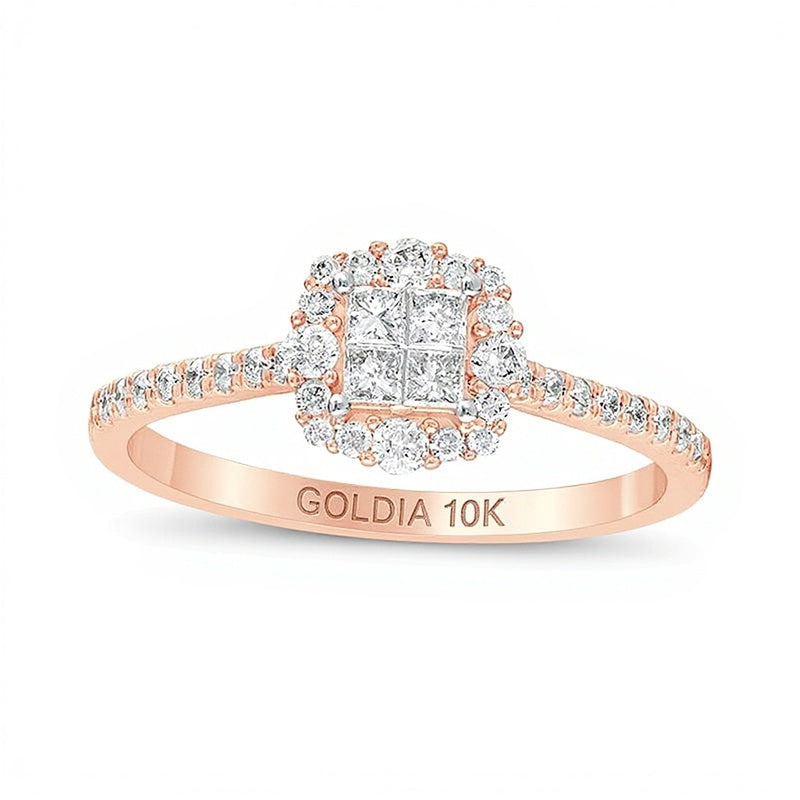 0.38 ct. Gesamtgewicht Verlobungsring mit Diamanten im Princess- und Rundschliff, Halo, in 10K Roségold